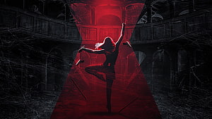 Black Widow Silhouette in Dramatic Red Spotlight Within Decaying Grand Hall HD wallpaper