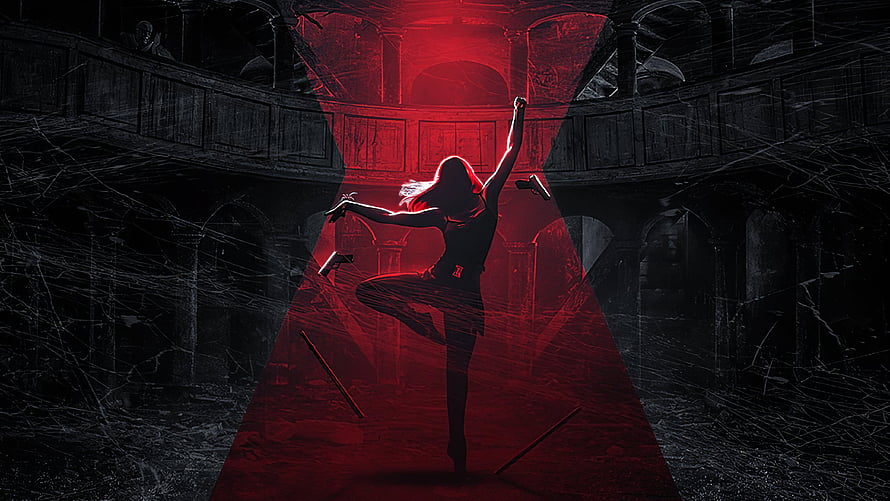 Black Widow Silhouette in Dramatic Red Spotlight Within Decaying Grand Hall HD wallpaper