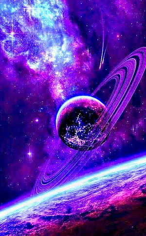 Vibrant Purple Nebula and Ringed Planet in Deep Space HD phone wallpaper
