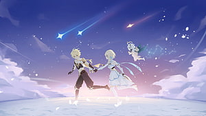 Aether and Lumine Running Through a Starlit Sky with Paimon in Genshin Impact HD wallpaper