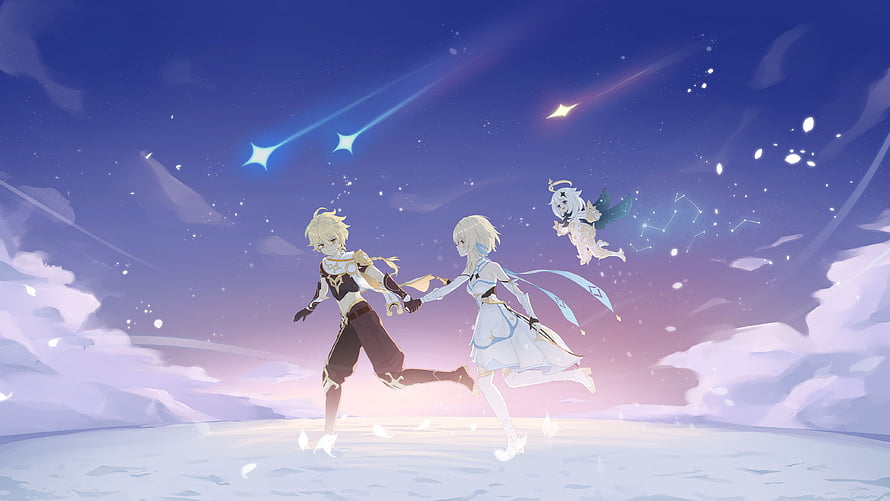 Aether and Lumine Running Through a Starlit Sky with Paimon in Genshin Impact HD wallpaper