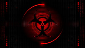 Red Biohazard Symbol on Dark Digital Grid with Binary Code and Glowing Arrows HD wallpaper