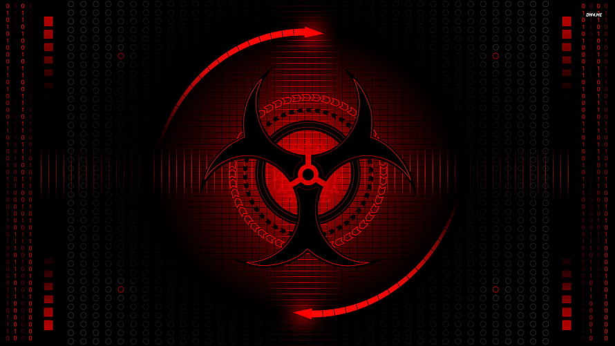 Red Biohazard Symbol on Dark Digital Grid with Binary Code and Glowing Arrows HD wallpaper