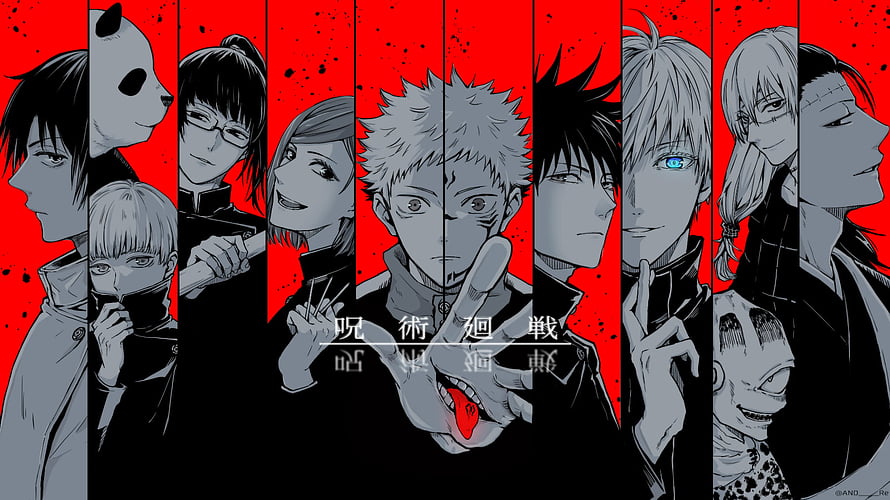 Jujutsu Kaisen Character Lineup Artwork with Red and Black Vertical Panels HD wallpaper