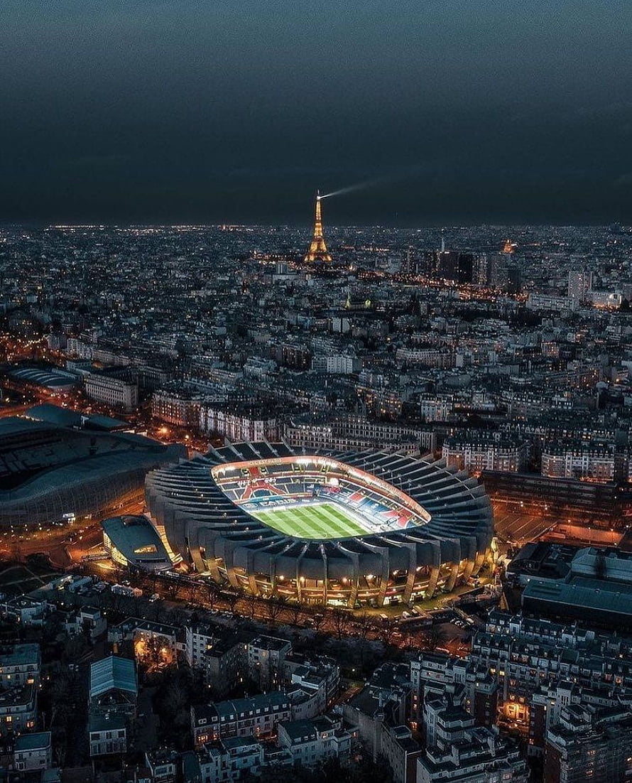 Aerial Night View of Parc des Princes Stadium and the Eiffel Tower in Paris HD phone wallpaper