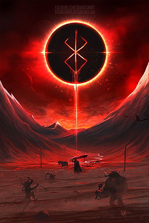Berserk Eclipse Symbol Over Dark Fantasy Landscape with Warrior and Horse HD phone wallpaper