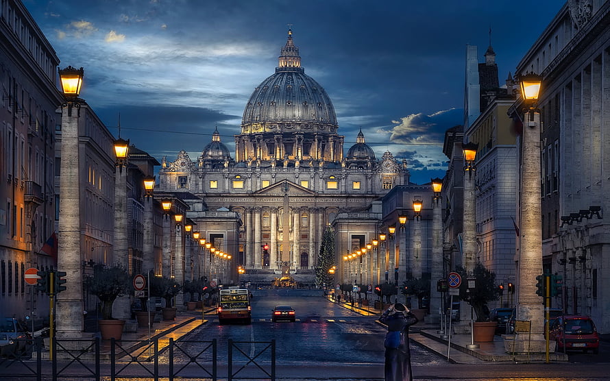 St. Peter's Basilica at Dusk: Illuminated Dome and Street View in Vatican City, Rome HD wallpaper
