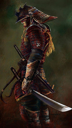 Samurai Warrior in Ornate Red Armor Holding a Katana HD phone wallpaper