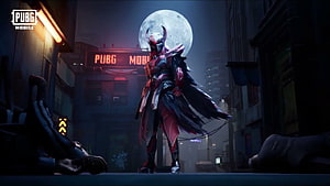 PUBG Mobile Blood Raven X Suit Character Standing in a Dark Urban Alley Under a Full Moon HD wallpaper