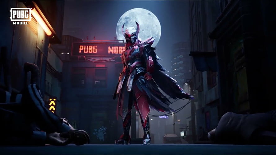 PUBG Mobile Blood Raven X Suit Character Standing in a Dark Urban Alley Under a Full Moon HD wallpaper