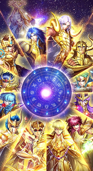 Saint Seiya Gold Saints in Radiant Zodiac Armor Surrounding Celestial Wheel HD phone wallpaper