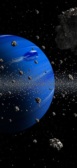 Blue Gas Giant Planet Surrounded by Asteroid Field and Large Rocky Body in Deep Space HD phone wallpaper