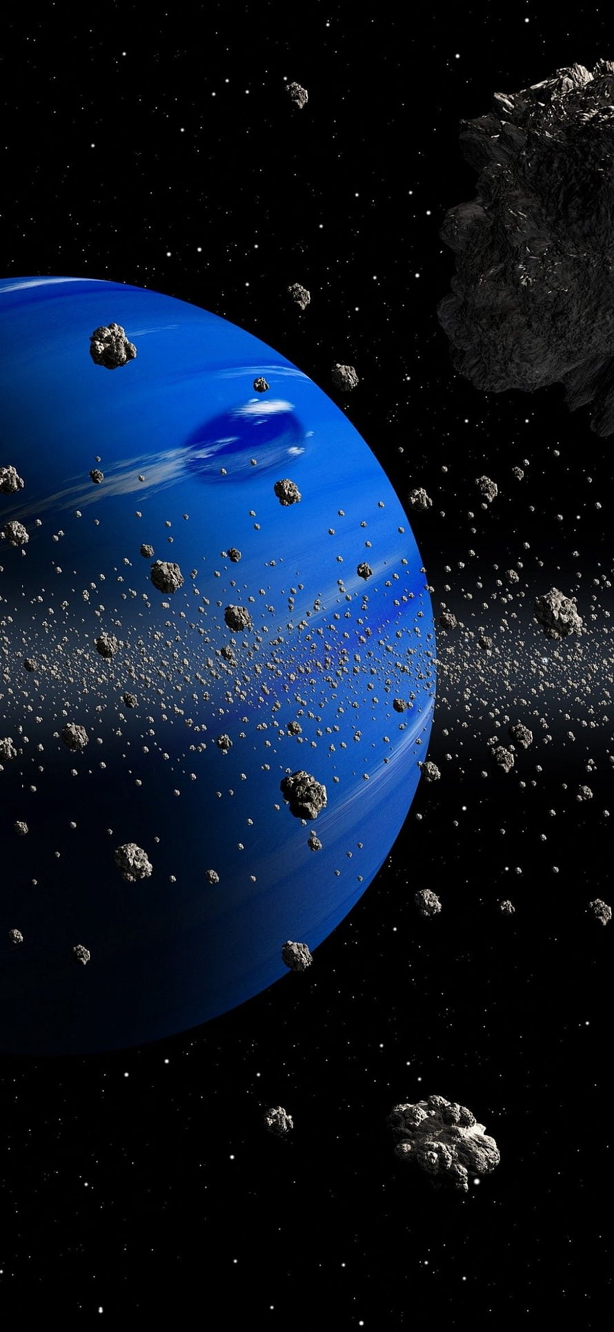 Blue Gas Giant Planet Surrounded by Asteroid Field and Large Rocky Body in Deep Space HD phone wallpaper