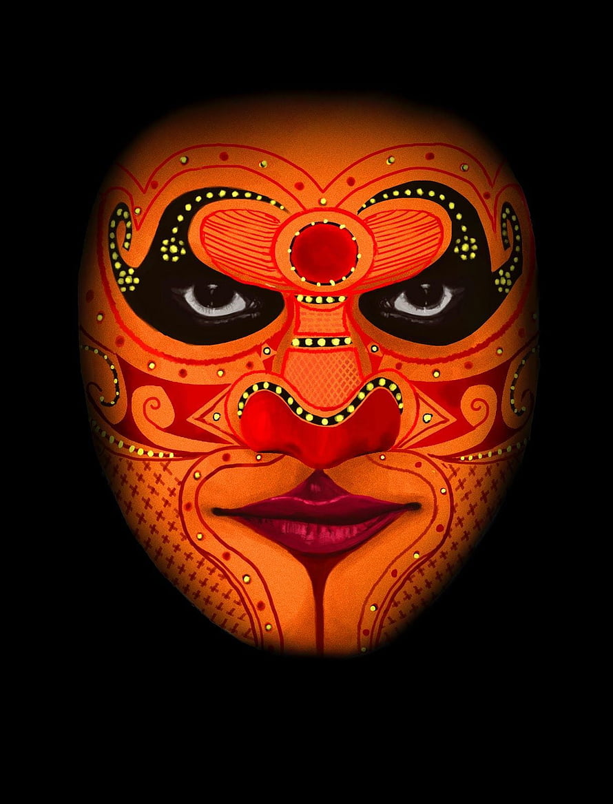 Traditional Theyyam Face Painting from Kerala with Intricate Red and Orange Patterns HD phone wallpaper