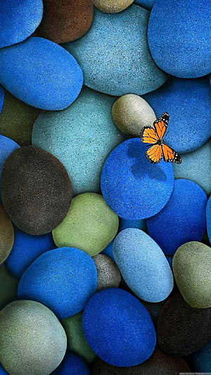 Monarch butterfly resting on a bed of smooth, multicolored pebbles in shades of blue, green, and brown HD phone wallpaper