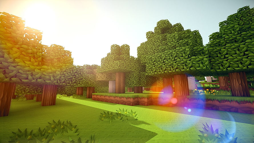 Minecraft Forest Landscape With Sunlight Flare And Blocky Trees HD wallpaper