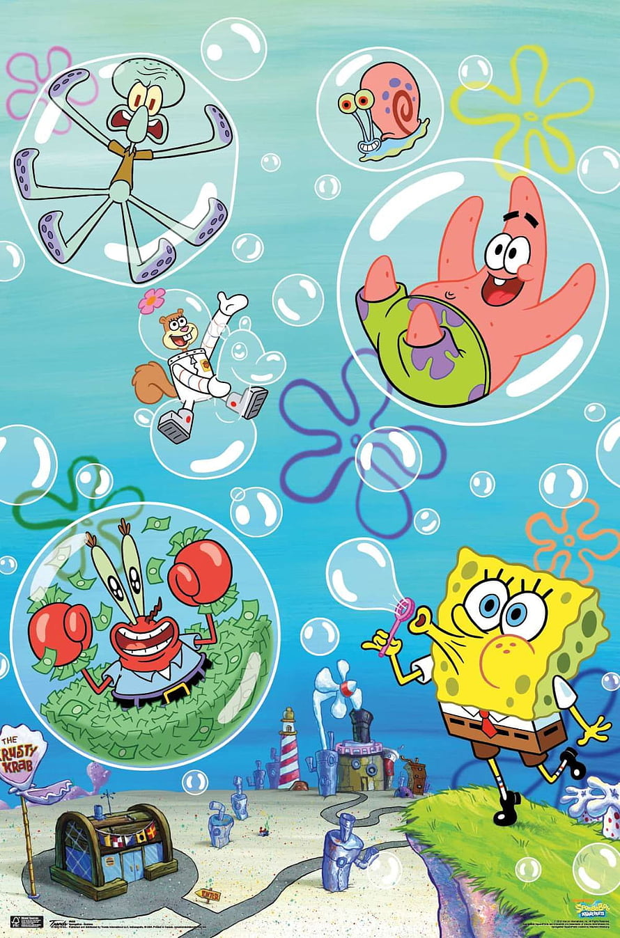 SpongeBob SquarePants and Friends Floating in Bubbles Over Bikini Bottom HD phone wallpaper