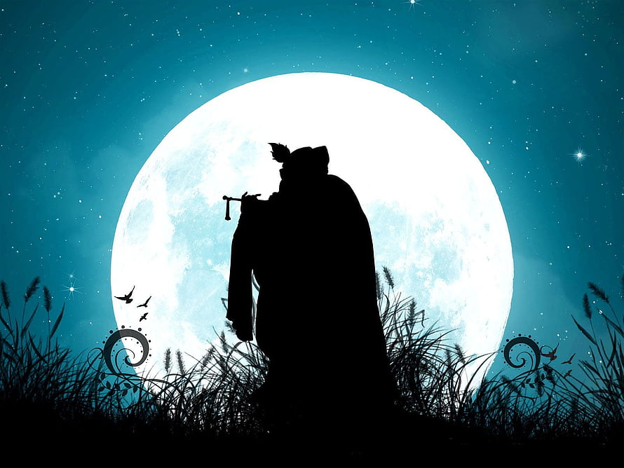 Lord Krishna Silhouette Playing Flute Against a Full Moon in a Starry Night Sky HD wallpaper