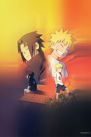 Naruto and Sasuke Childhood Friendship at Sunset HD phone wallpaper