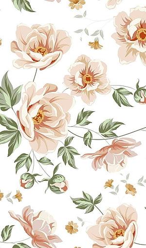 Pastel Peony Floral Pattern with Soft Green Leaves on White Background HD phone wallpaper