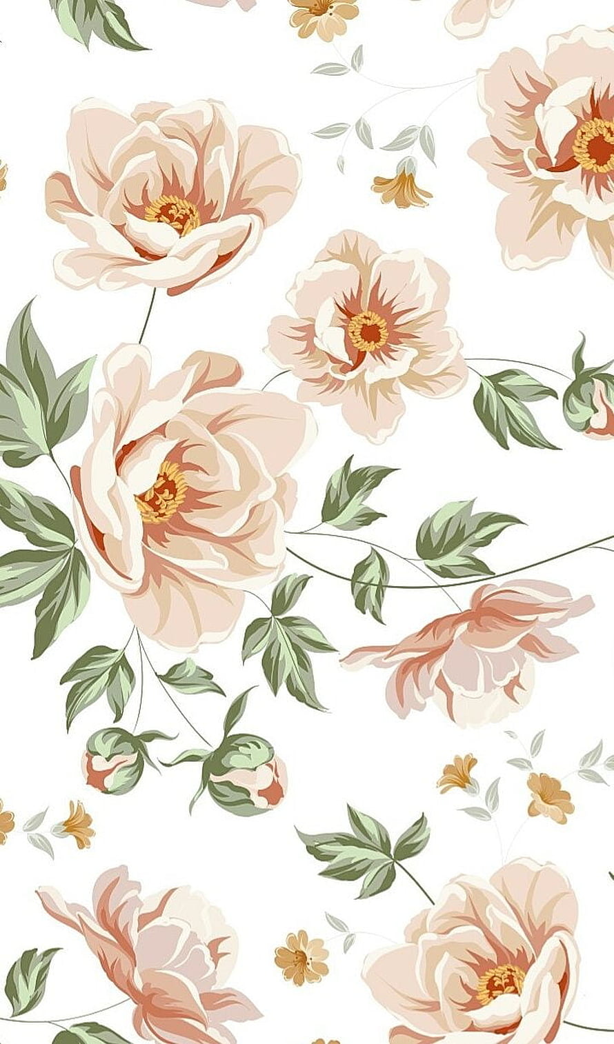 Pastel Peony Floral Pattern with Soft Green Leaves on White Background HD phone wallpaper