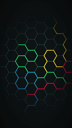 Neon Hexagonal Honeycomb Pattern with Multicolored Geometric Lines on Dark Background HD phone wallpaper