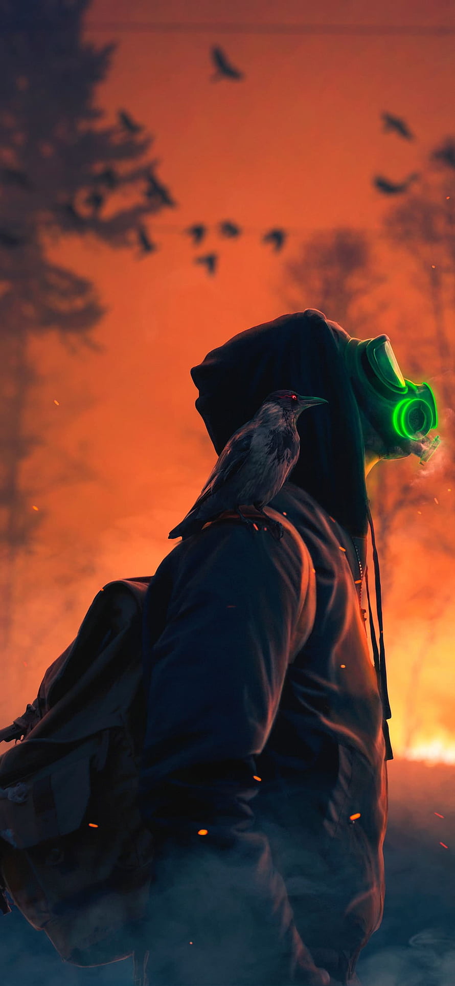 Post-Apocalyptic Wanderer with Glowing Gas Mask and Crow in Fiery Sunset HD phone wallpaper