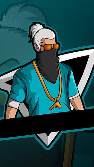 Stylized Vector Illustration of a Masked Man with White Hair and Orange Sunglasses Wearing a Gun Necklace, Fire Attitude, Boy, Player HD phone wallpaper