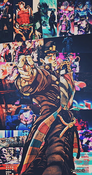 Jotaro Kujo from Jojo's Bizarre Adventure in a Dynamic Anime Artwork Collage HD phone wallpaper