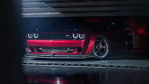 Red Dodge Challenger SRT Demon Front View in Dark Garage Setting HD wallpaper