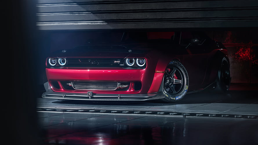 Red Dodge Challenger SRT Demon Front View in Dark Garage Setting HD wallpaper