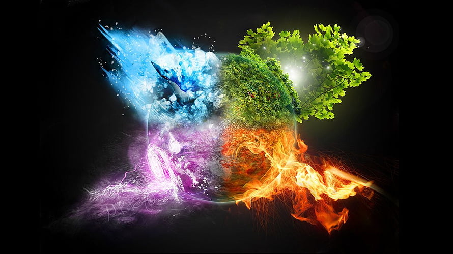 Vibrant Elemental Sphere Featuring Fire, Water, Earth, and Air on Black Background HD wallpaper