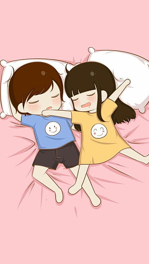 Cute Cartoon Couple Sleeping Together in Bed with Pink Background HD phone wallpaper