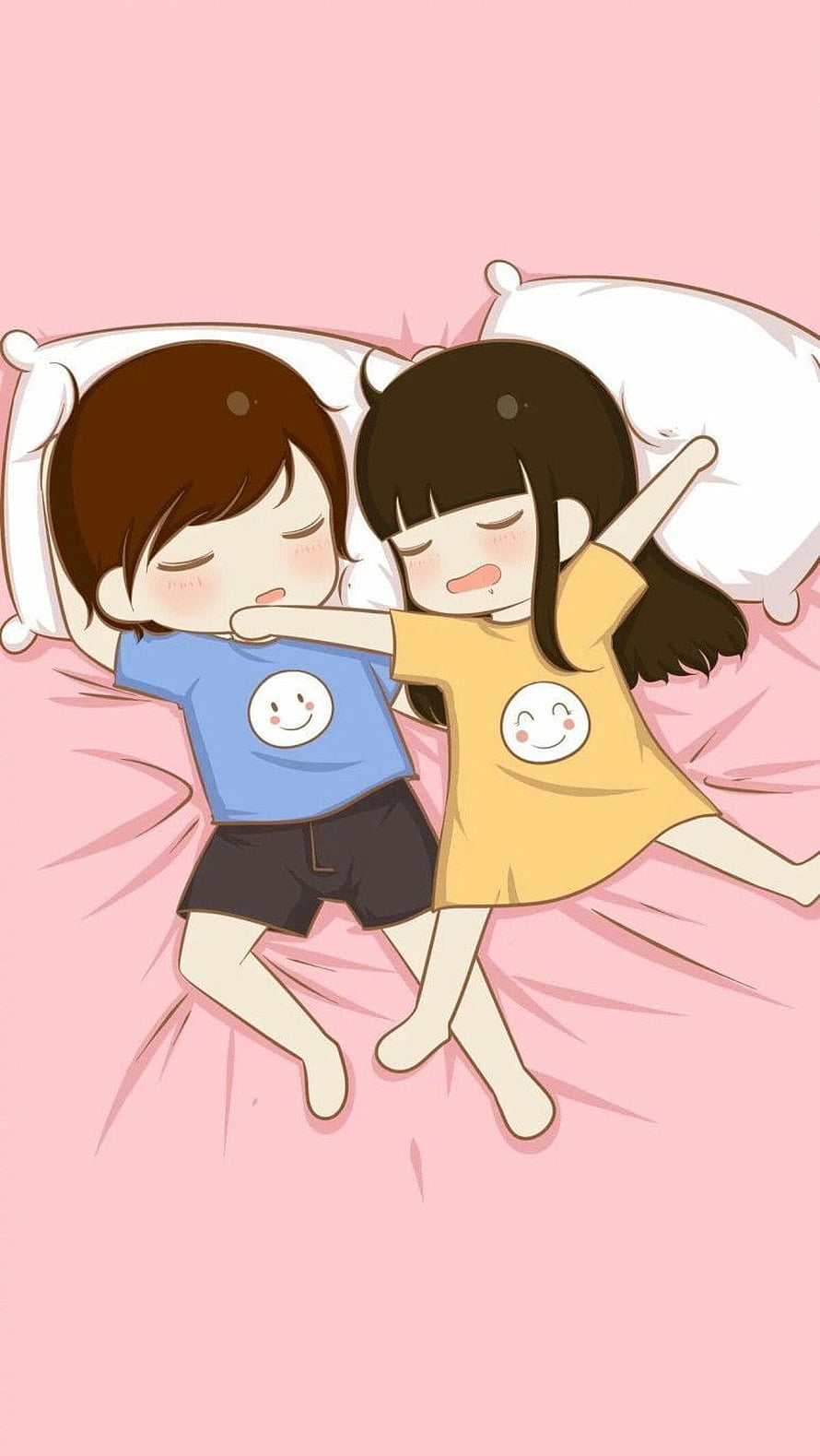 Cute Cartoon Couple Sleeping Together in Bed with Pink Background HD phone wallpaper