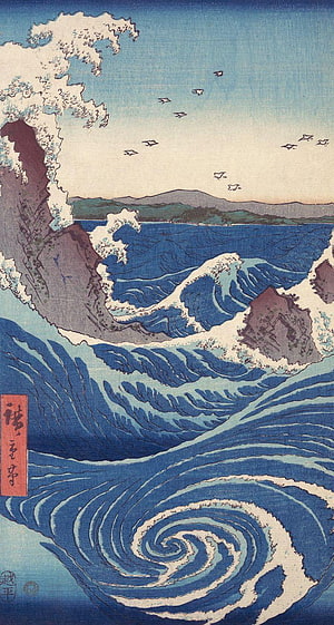 Traditional Japanese Ukiyo-e Woodblock Print of Dramatic Ocean Waves and Swirling Water HD phone wallpaper