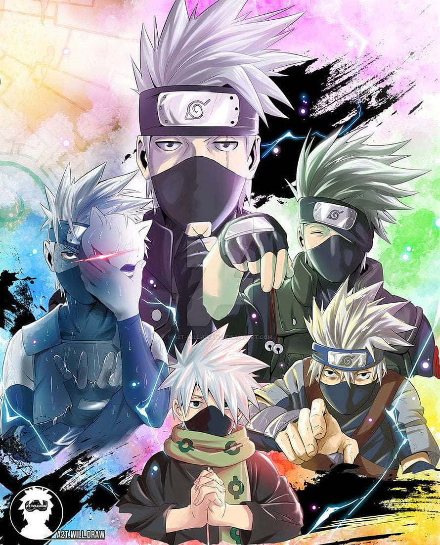 Kakashi Hatake Evolution: Multiple Forms and Ages in Vibrant Naruto Shippuden Anime Art HD phone wallpaper