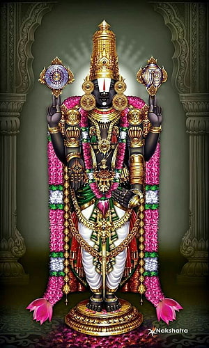 Lord Balaji Vishnu Temple Deity with Gold Crown and Flower Garland HD phone wallpaper