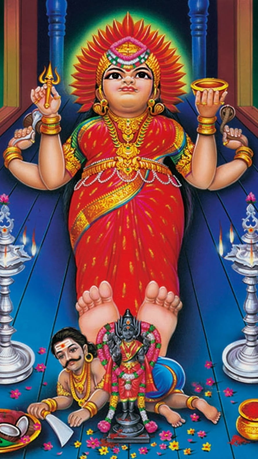 Masani Amman Hindu Deity Illustration with Oil Lamps and Ritual Offerings HD phone wallpaper
