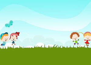 Cute Cartoon Children Playing on a Green Meadow with a Butterfly HD wallpaper
