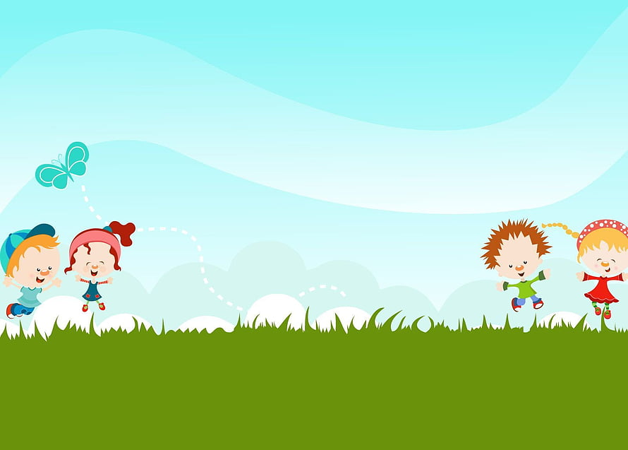 Cute Cartoon Children Playing on a Green Meadow with a Butterfly HD wallpaper