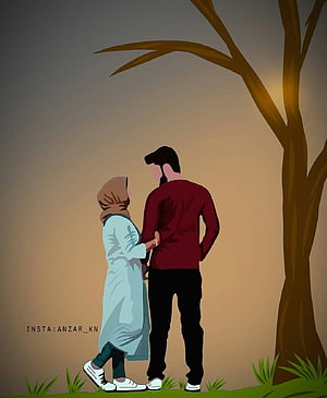 Illustration of a Muslim couple standing together under a tree at dusk in a minimalist digital art style HD phone wallpaper