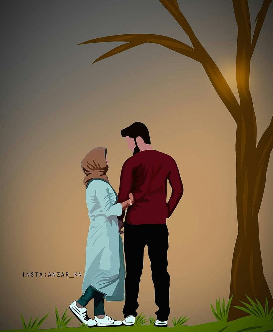 Illustration of a Muslim couple standing together under a tree at dusk in a minimalist digital art style HD phone wallpaper