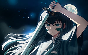 Muichiro Tokito from Demon Slayer holding a katana under a full moon in a dark night sky HD wallpaper