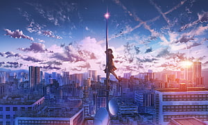 Anime Girl Standing on Tall Spire Overlooking City Skyline at Sunset HD wallpaper