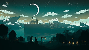 Genshin Impact Minimalist Night Landscape with Crescent Moon and Distant Castle Silhouette HD wallpaper
