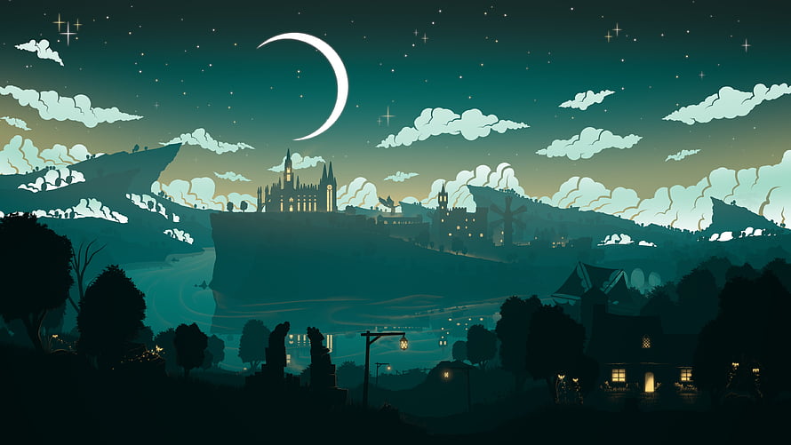 Genshin Impact Minimalist Night Landscape with Crescent Moon and Distant Castle Silhouette HD wallpaper