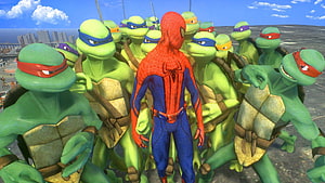 Spider-Man Standing Before a Massive Army of Teenage Mutant Ninja Turtles in 3D Render, Spiderman vs Teenage Mutant Ninja Turtles ARMY, Epic TMNT HD wallpaper