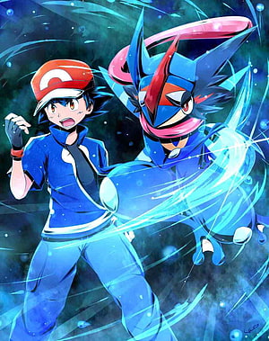 Ash Ketchum and Greninja in Dynamic Blue Water Splash Anime Illustration HD phone wallpaper