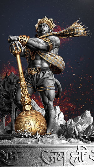 Hanuman 3D Sculpture with Golden Mace and Ornate Crown HD phone wallpaper