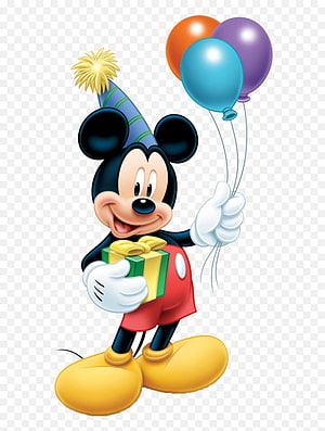 Mickey Mouse in Party Hat Holding Balloons and Gift Box HD phone wallpaper
